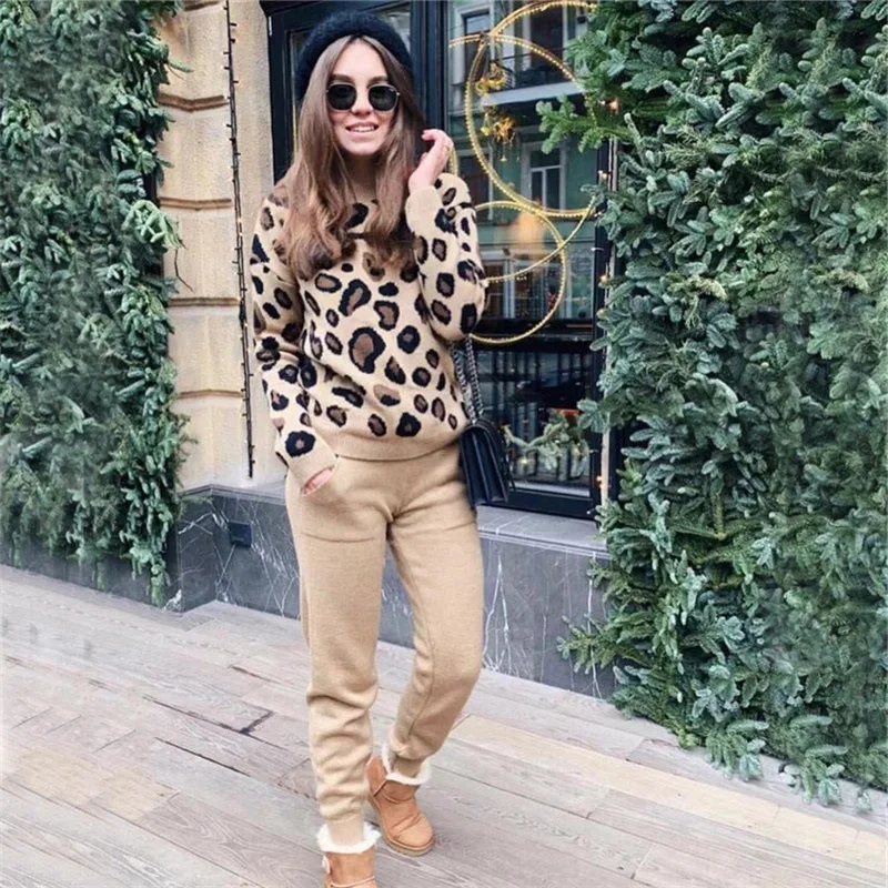 

Products in Stock New Season-Changing Leopard Print Fashion Casual Sweater Straight Slimming Trousers Two-Piece Set Elegant Outf