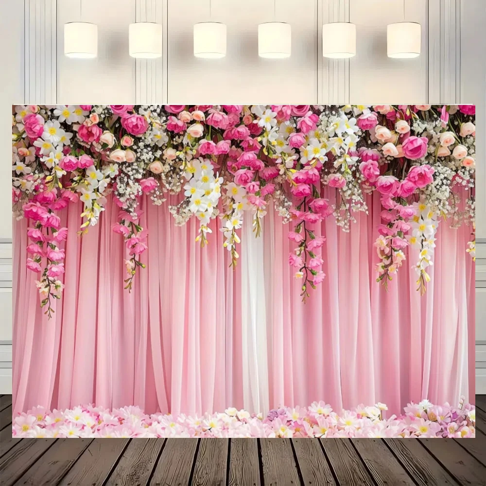 1pc Flower photography background, Wedding - birthday pink flower background banner, flower photography background Dessert table