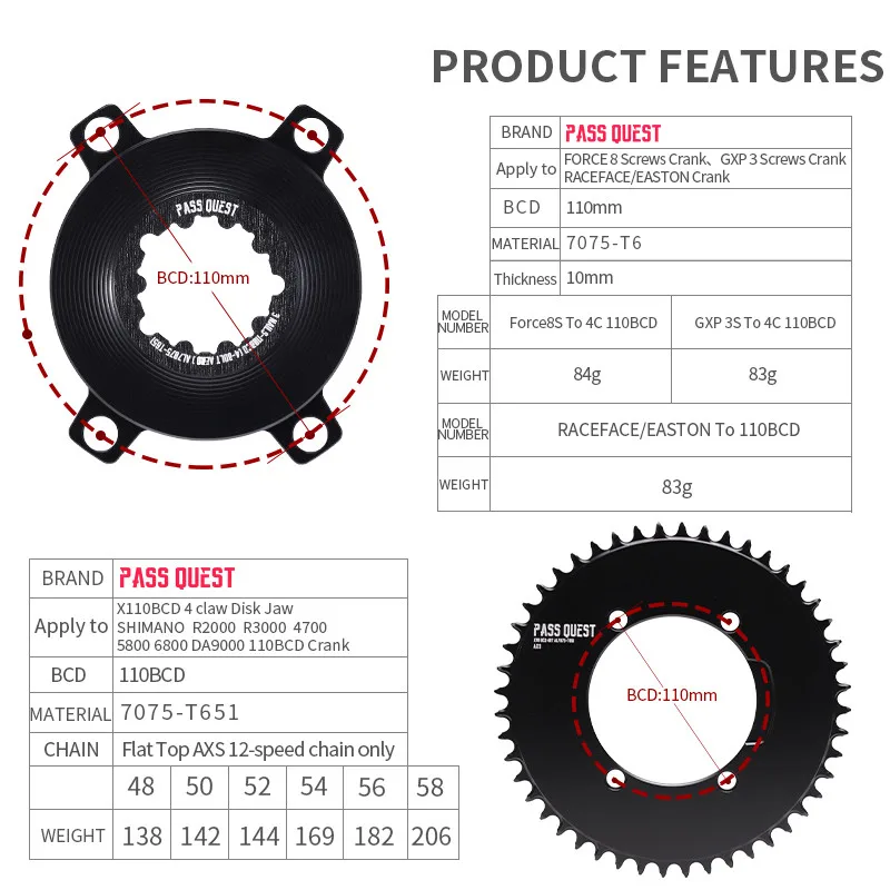 PASS QUEST TOP AXS 110BCD 4 Arm Chainring Mountain Road Bike Chankset Narrow Wide Aluminum Adapter Converter Cycling Parts