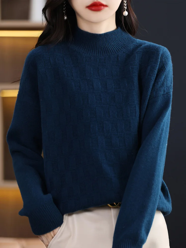 Addonee Autumn Winter Women Sweater 100% Merino Wool Long Sleeves Mock Neck Casual Warm Knitted Jumper Female Clothing Tops