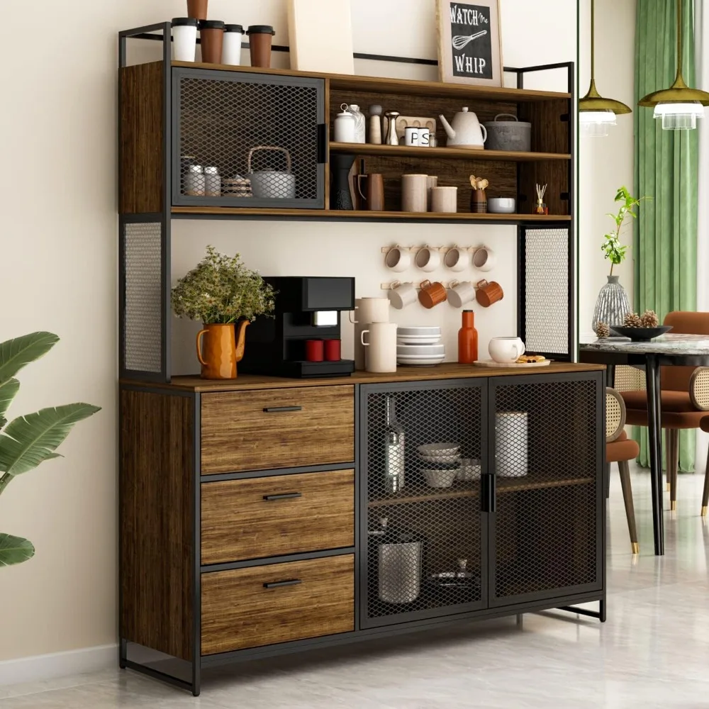 Storage Cabinet with Hutch, 3 Metal Mesh Doors, 3 Drawers & Shelves, Kitchen Pantry Cupboard Console Table