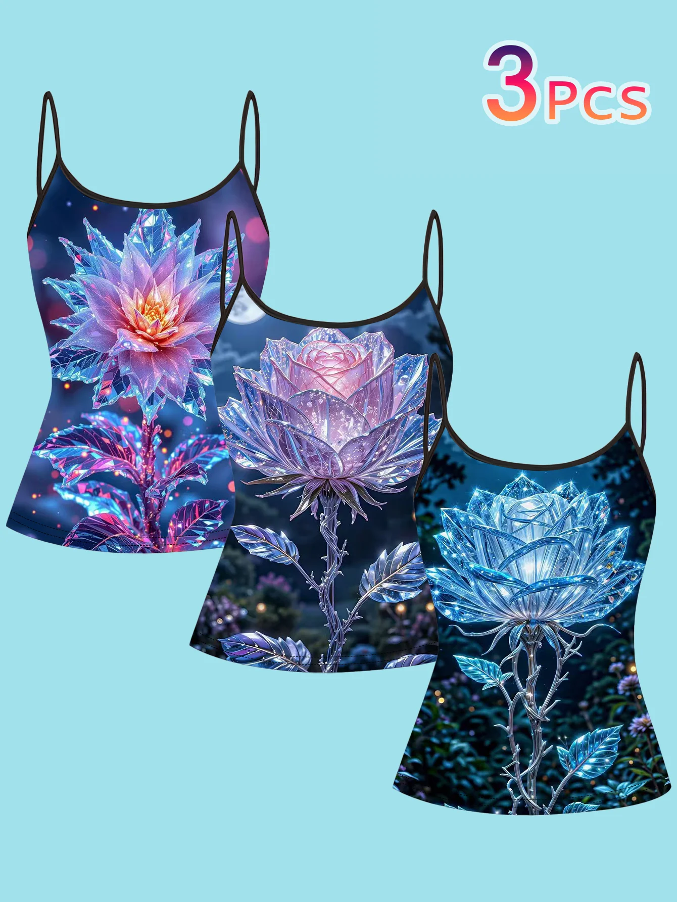 3-Piece Set of Crystal-Textured Dreamy Floral Camisoles, Slim-Fitting and Flattering, Suitable for Both Inner and Outer Wear