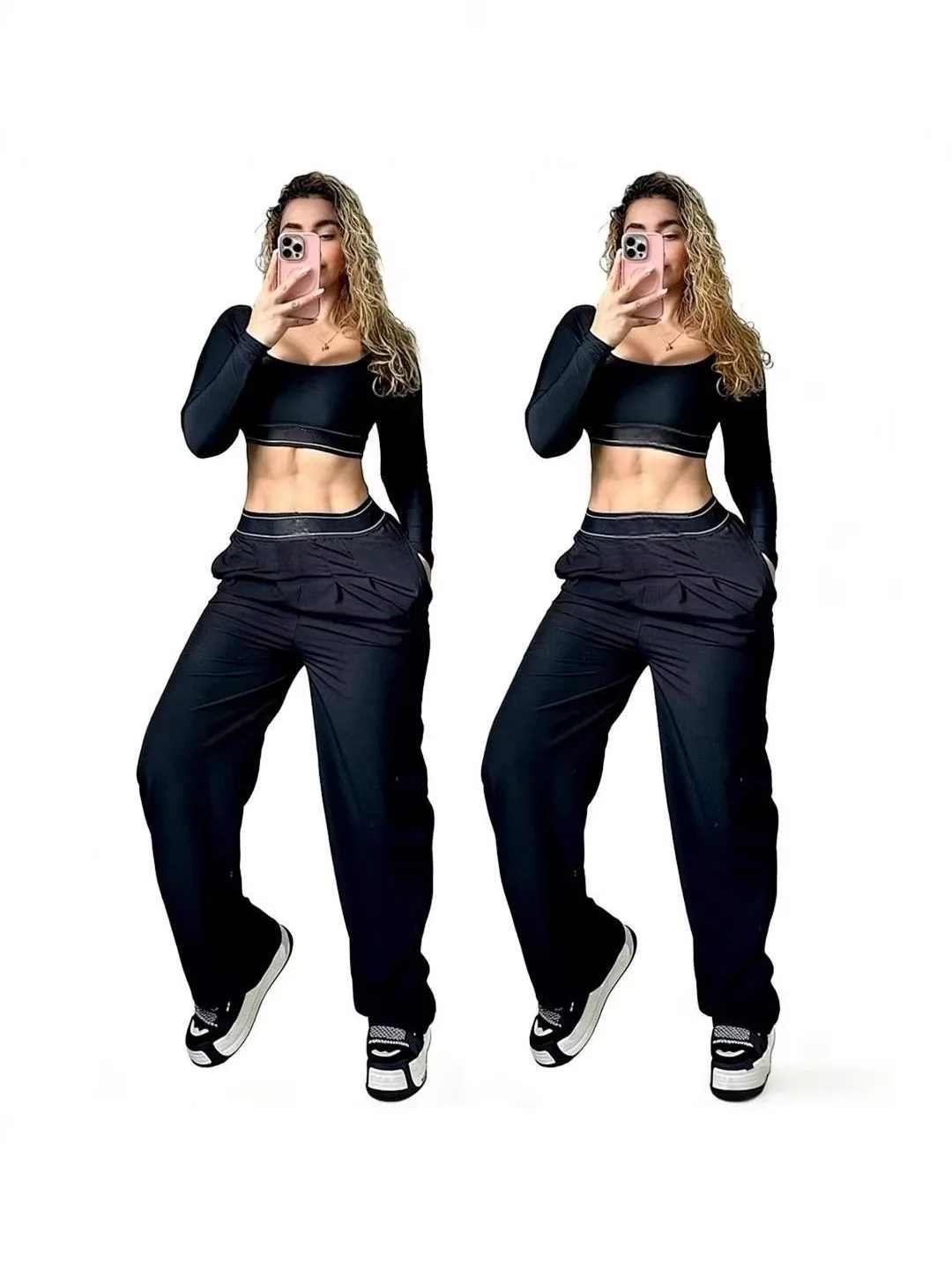 J5318 Casual Fashion European and American Belly-Baring Tight Fit Top and Bottom Set with Pockets and Lettering