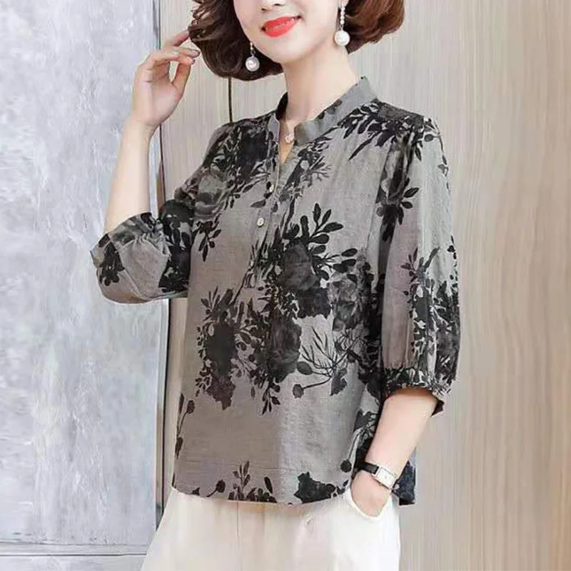 Thời Trang Nữ Vintage Rời Áo Xuân Hè Cotton Linen In Áo Thun Tay Lửng Nút Quá Khổ Nữ Áo Sơ Mi