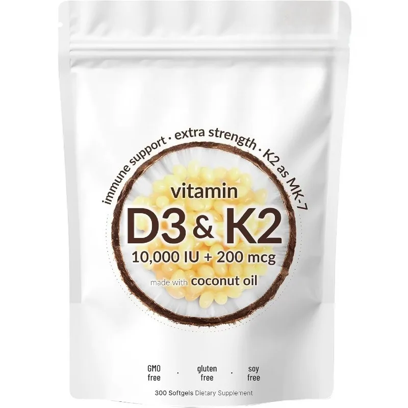 

Vitamin D3+ K2 MK-7 200 Mcg 300 Softgels with Virgin Coconut Oil 2-in-1 Vitamins D K Complex