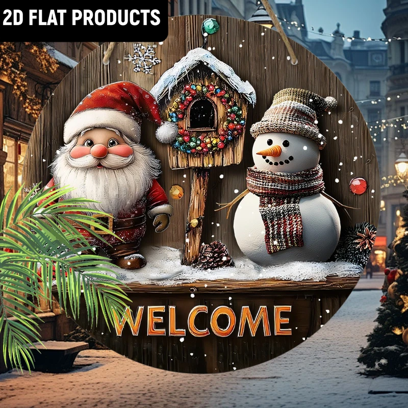 1pc Festive 2D Flat Christmas Welcome Sign - Santa Claus, Snowman, Mailbox & Wreath Design - Wooden Round Decor for Home, Bar, C