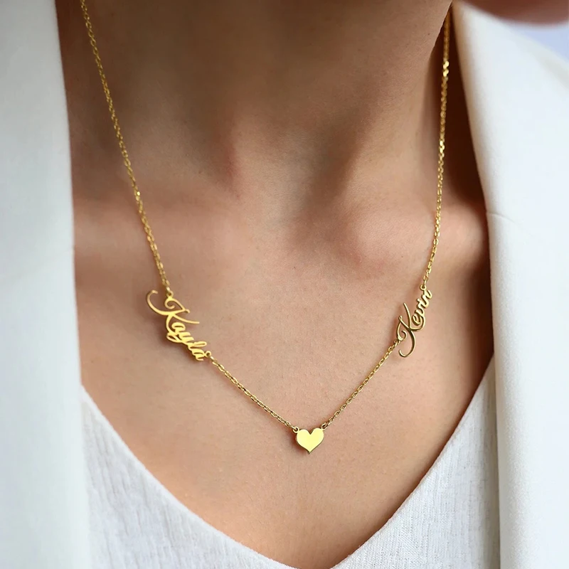 Collar personalizado con doble nombre, collar de acero inoxidable con nombre de pareja y niños, collar de circón con corazón, regalo de joyería de Navidad familiar