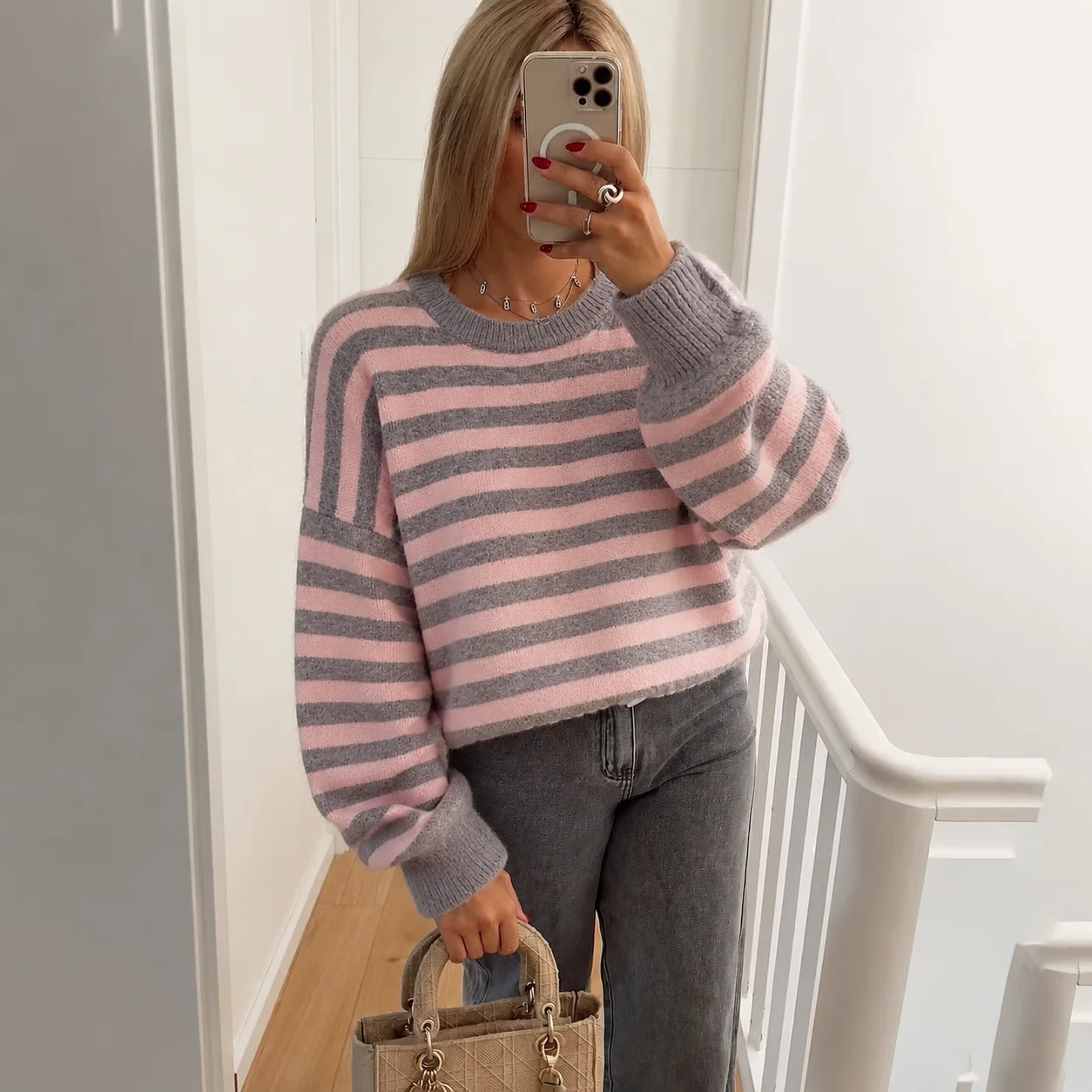 zekye Women's Striped Knitted Babe Idyllic Crew Neck AutumnWinter Long Sleeves Contrasting Color Pullover Retro Loose Sweater