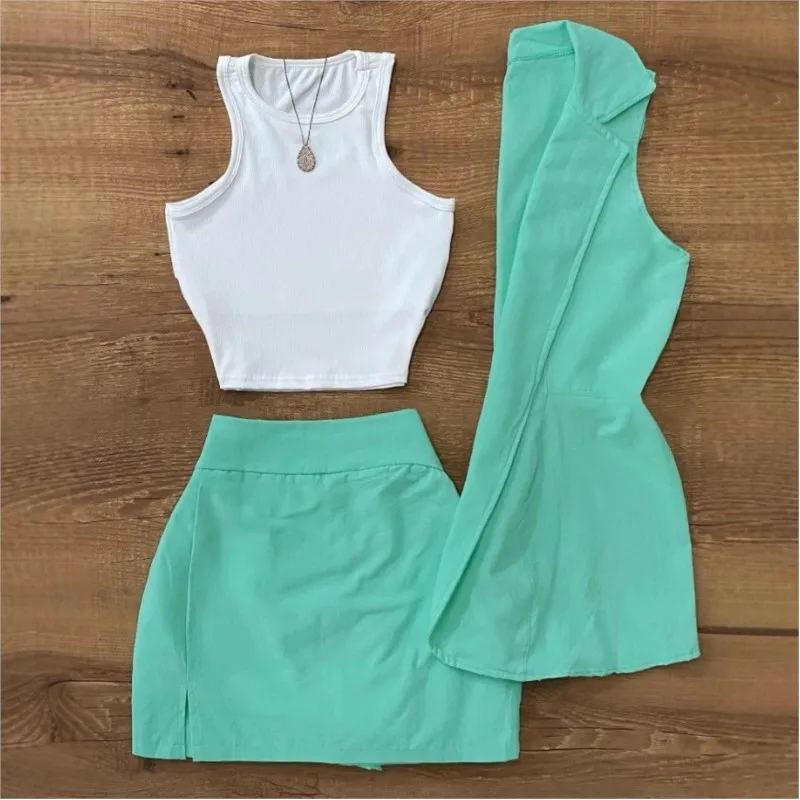 

Sexy Elegant 3 Piece Set Women Slim Outfits O Neck Tank And Sleeveless Vest And Mini Skirt Sets New Fashion Summer Casual Suit
