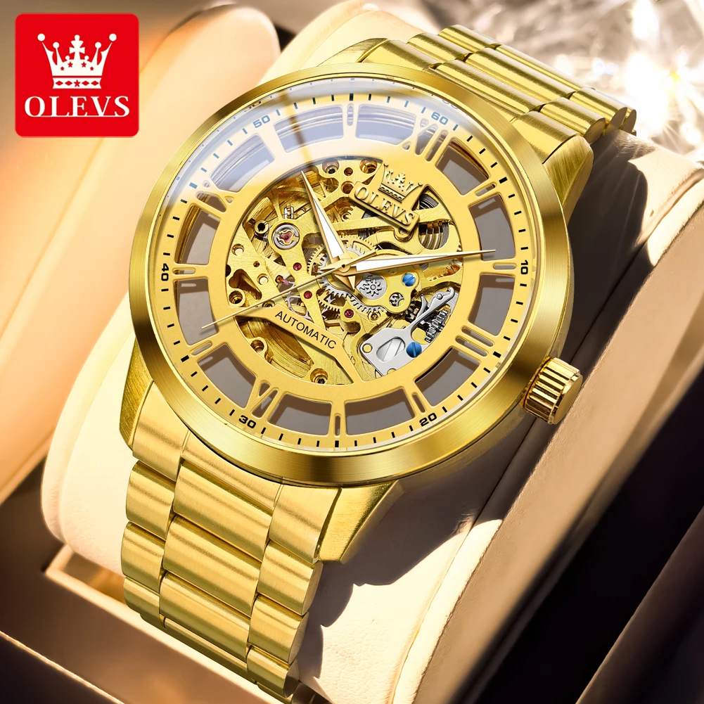 OLEVS Top Brand Fashion Trend Man Watch Original Stainless Steel Skeleton Automatic Mechanical Luxury Business Watches for Men