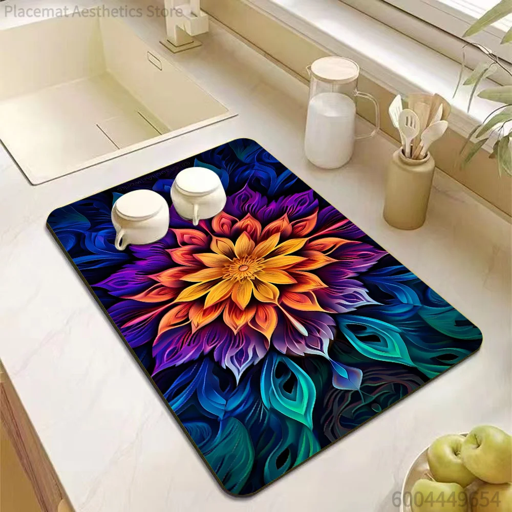 Colorful Boho Floral Swirl Print Super Absorbent Drying Mat Waterproof Kitchen Counter Tableware Drain Pad Decor Placemat