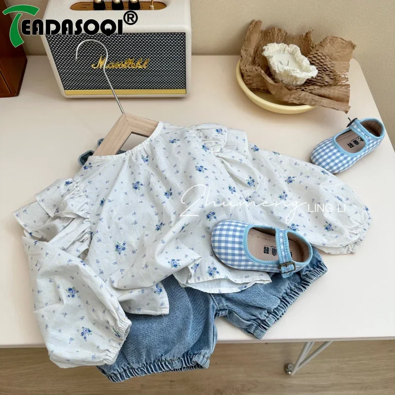 3-8Y Girls Babys Clothing Set Printed Tops Shirts+Jeans Pants Overalls Shorts Casual Kids Girl Birthday Children Denim Clothes