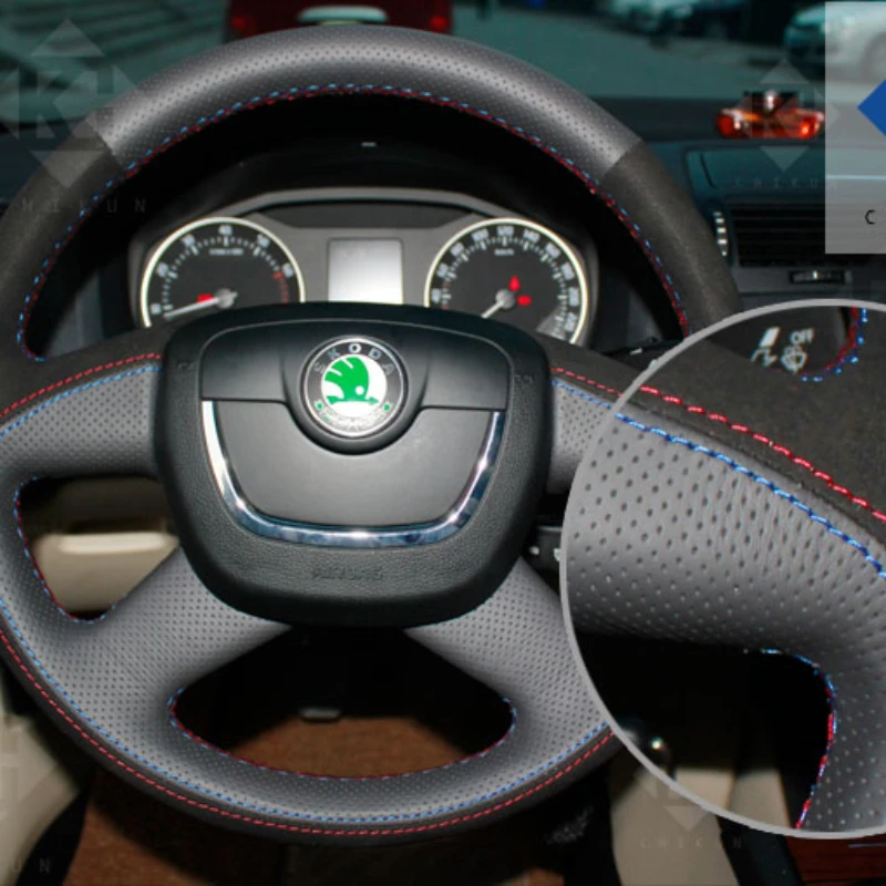 For Skoda Octavia Superb Fabia Skoda Octavia a5 Yeti Original Hand-stitched Genuine Leather suede car steering wheel cover
