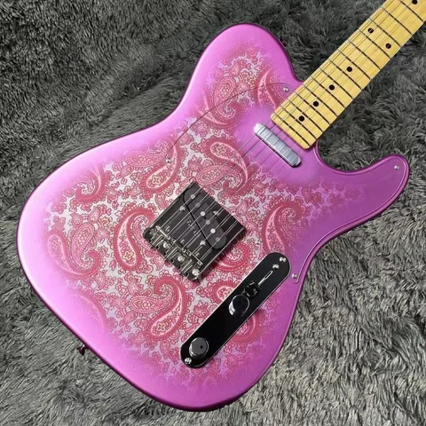 Custom Shop Pink Red Paisley Electric Guitar Vintage Yellow Maple Neck & Fingerboard, Black Dot Inlay, Chrome Hardware#369