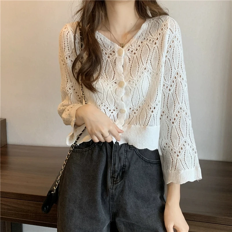 Women Summer Crochet Lace Shirts Cardigan Boho Style Beige White Long Sleeve Cover Up Top See Through Knit Cotton Short Top Cute