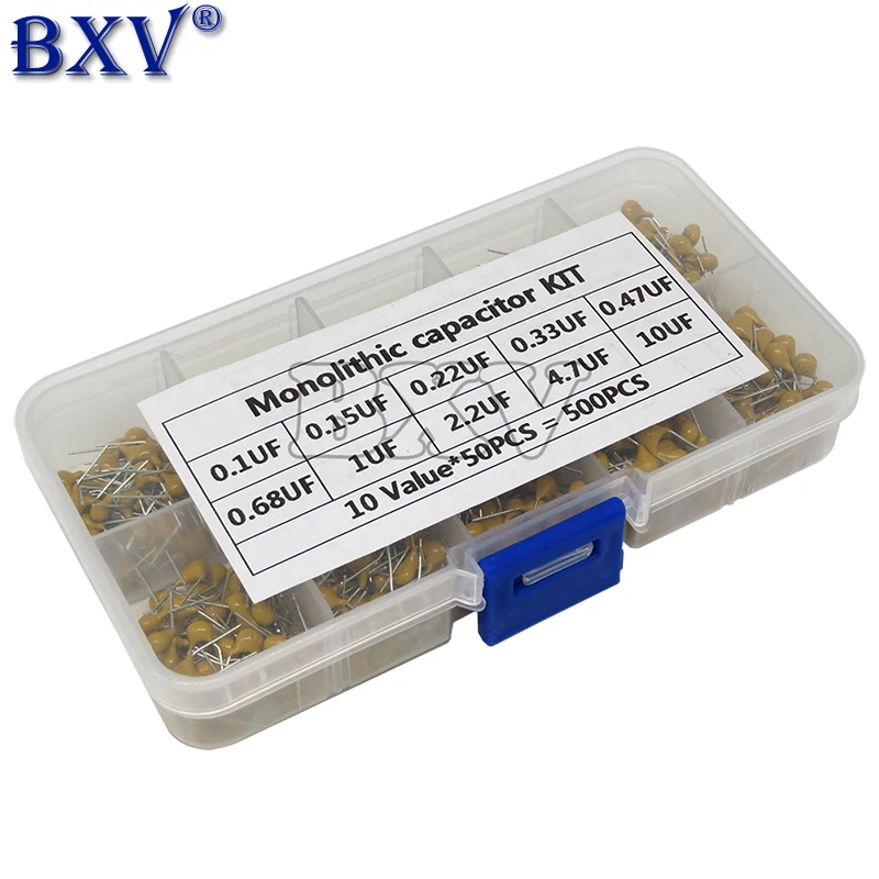 500PCS/LOT 10Values*50pcs 0.1uf-10uf(104~106) 50v Multilayer Ceramic Capacitors Assorted Kit Assortment Set With Storage Box BXV