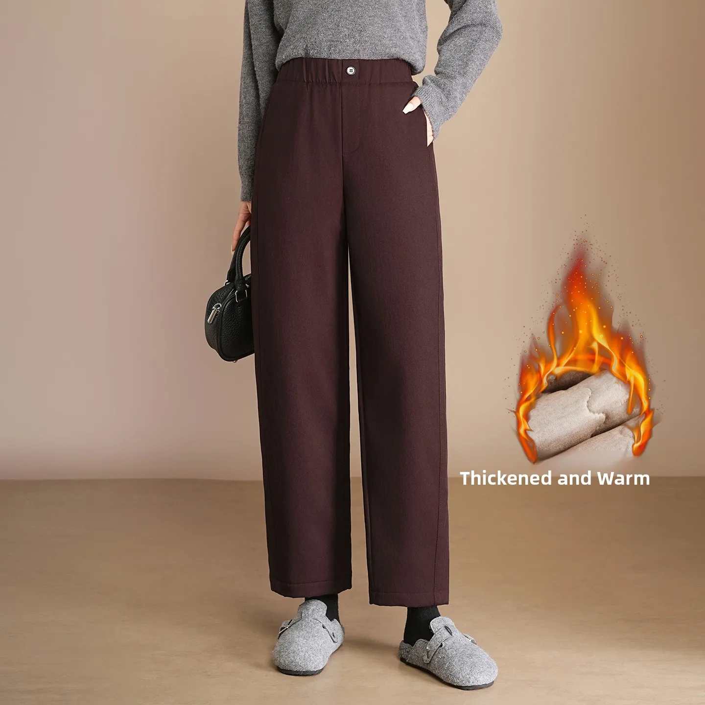 

High Waist Fleece Lined Cotton Pants Women's Outerwear Winter New Style Slimming Cotton Warm Short plus Size Straight Leg Pants