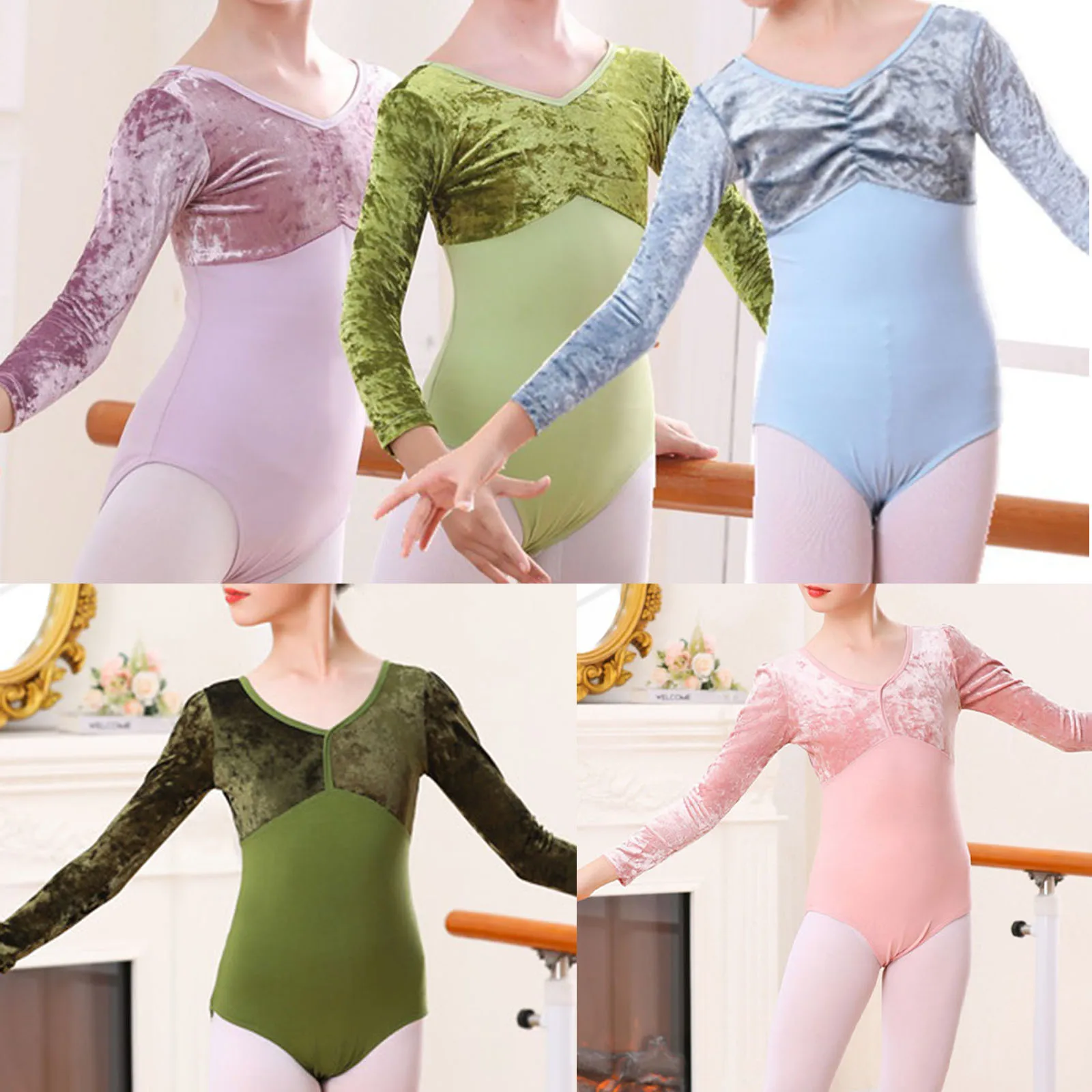 Bambini ragazze costumi da ballo classici velluto Patchwork danza body scollo a v manica lunga body per la ginnastica pratica del balletto