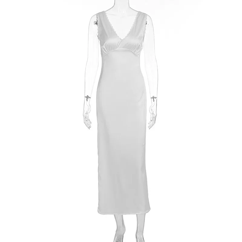 Fmxires Abito lungo sottile senza maniche alla moda per le donne Elegante abito sexy in pizzo con scollo a V in raso a vita alta Abiti da sera per feste Lady