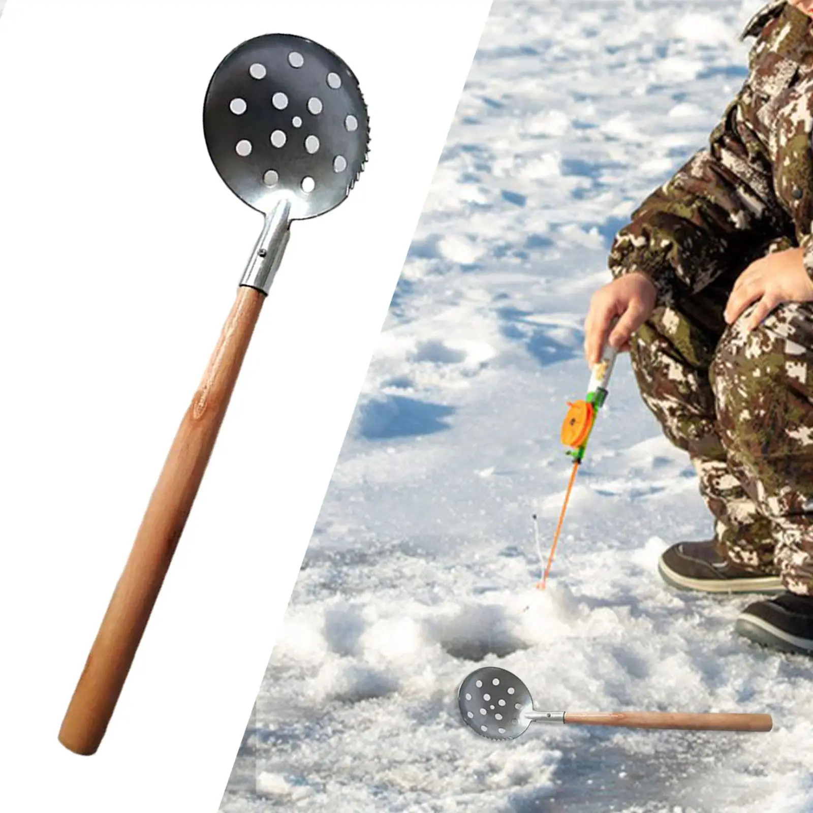 Ice Fishing Skimmer Scoop Wooden Handle Portable Practical Fishing Ladle Ice Skimmer Ice Fishing Equipment for Outdoor Winter