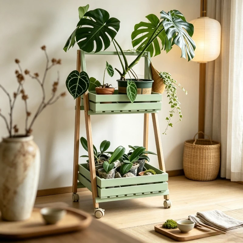 Wooden Plant Stand Organizer Rack Shelf Rolling Mobile Wheels Tiered Outdoor Indoor Balcony Living Room Flower Pot Display