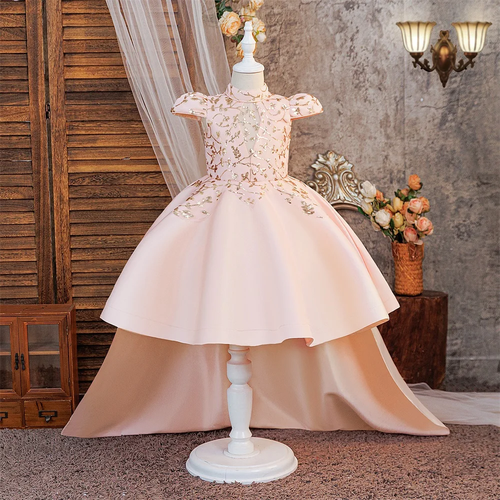 Girls Sequins Embroidery Trailing Skirt Ball Gown Glossy Banquet Birthday Stage Host Party Piano Performance Evening Dress