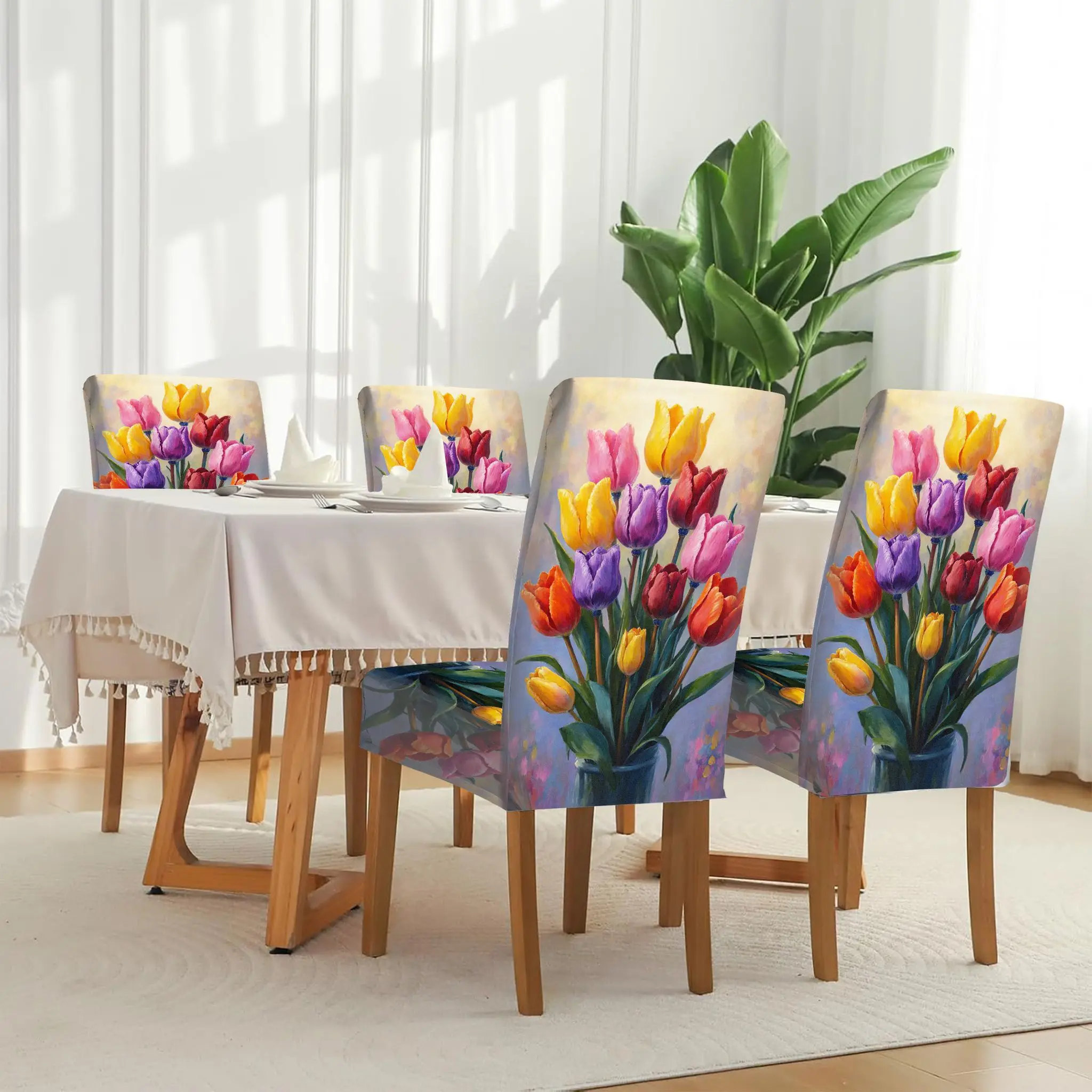4/6pcs Elastic Dining Chair Cover Multicolored Tulip Bouquet Quiet Elegant Pattern, Home Dining Chair Protective Cover