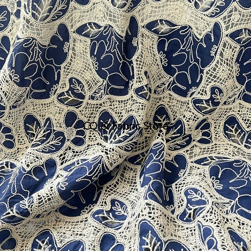 

129cm Wide 1yards/lot Blue 3D Flower Embroiderey Cotton Cloth Fabric Dress/Clothes/ Table Cloth/DIY Curtain Material