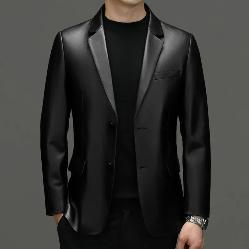 New Men's Fashion Business Casual Slim-fit Korean Leather Jacket Out Windproof Professional Wedding Solid Color Cowhide Blazer