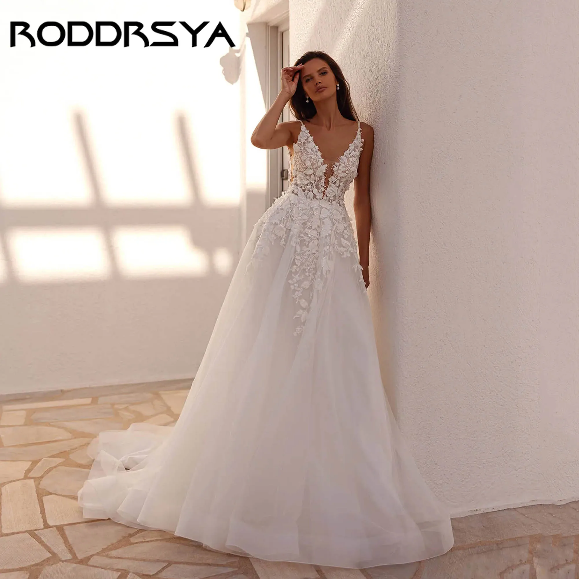 

RODDRSYA A-line Elegant Wedding Dresses V-neck Spaghetti Straps Appliques Bridal Gowns V-back Tulle vestidos de novia Customized