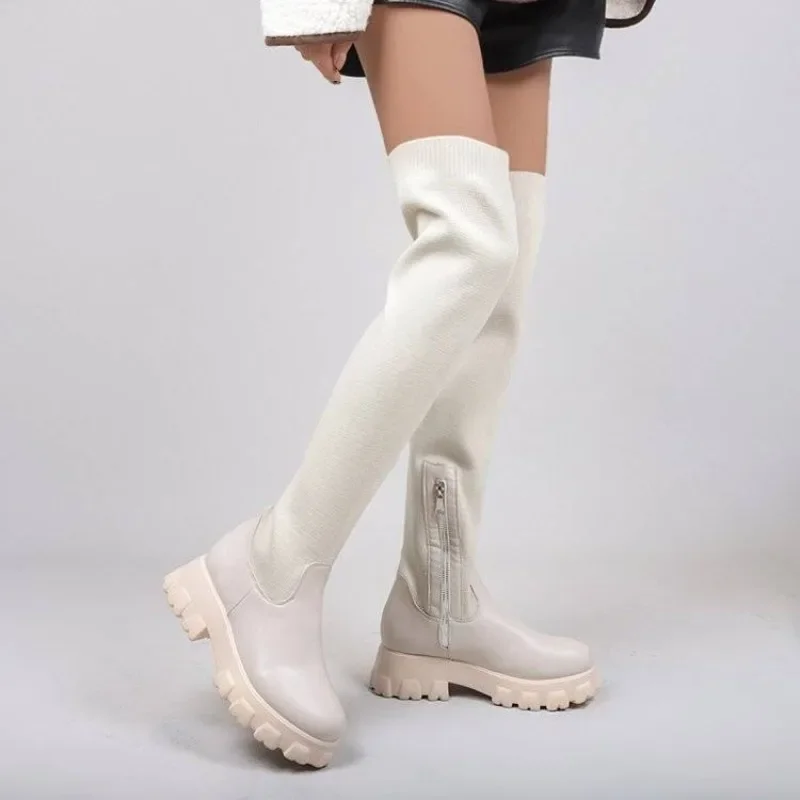 ​Plus Size Women's Autumn Over The Knee Rider Boots Size 36-44 Stretchy Slimming Patchwork Chunky Sole Wide Fit 41 42 43​