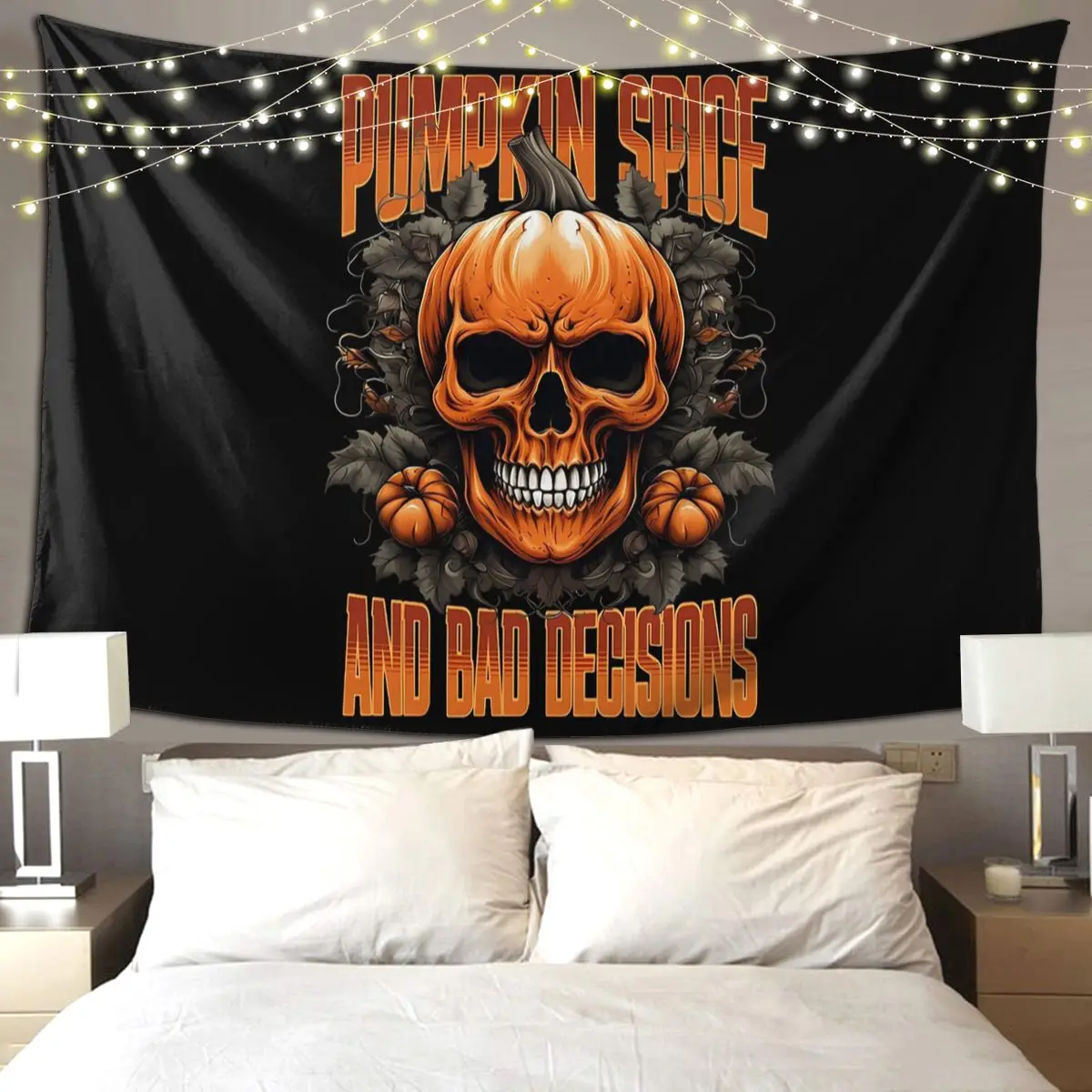 Pumpkin Skull - Pumpkin Spice & Everything Nice Attitude Tapestry Funny Wall Hanging Aesthetic Home Decor Tapestries Dorm Room