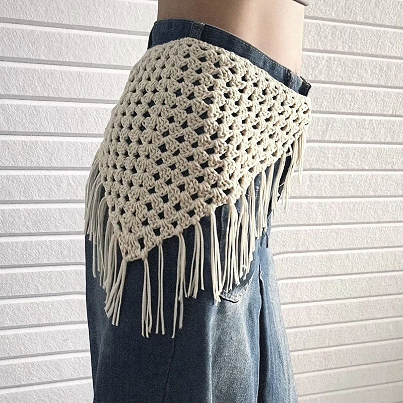Y2K Hollow-Out Fringe Triangle Schal für Damen, Frühling, verstellbares Layering-Accessoire, vielseitiges Taillen- und Hüftwickel-Mode-Bandana – Detail 7