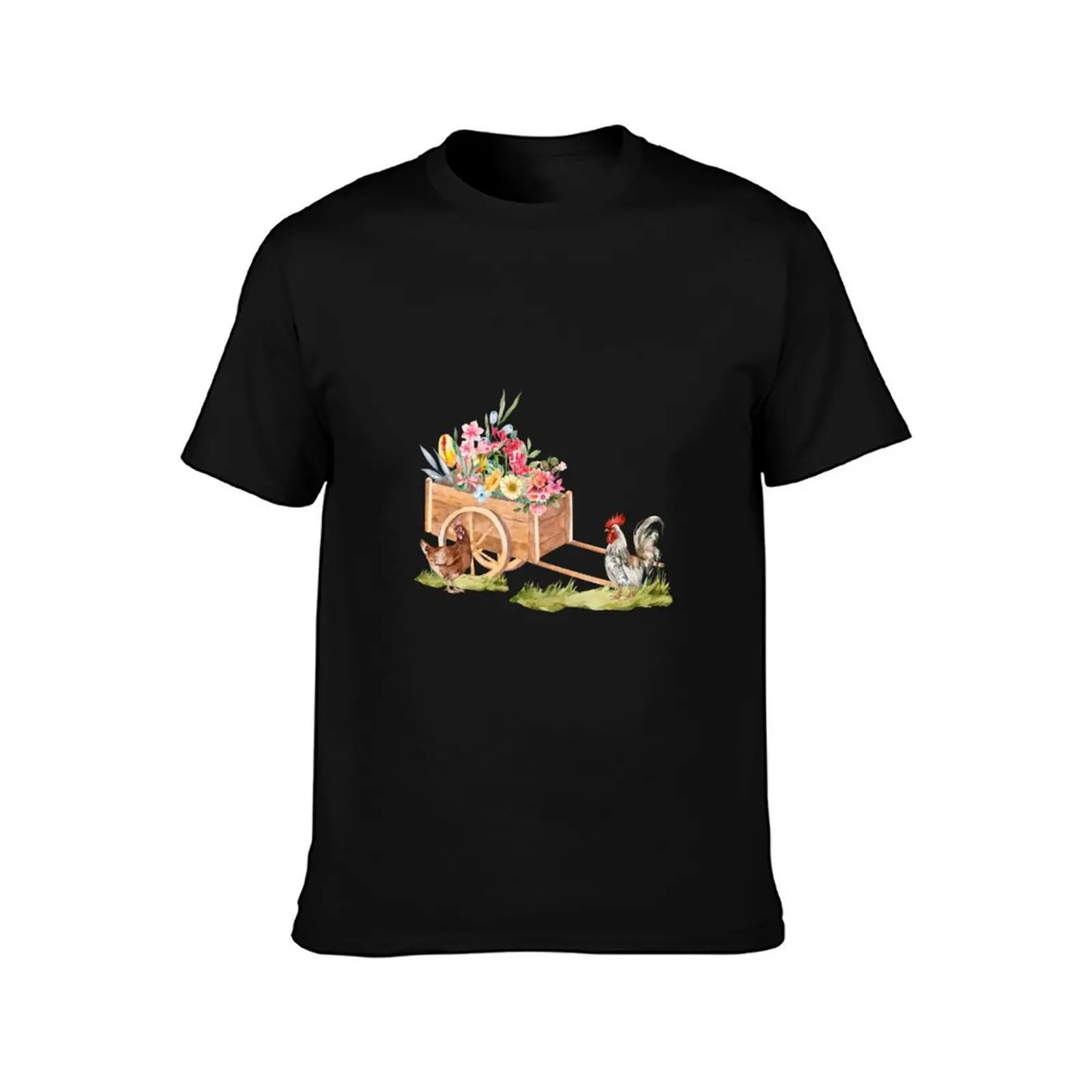 Spring watercolor illustration : wooden cart with flowers near a hen and a rooster T-Shirt Summer Casual Cotton Tee