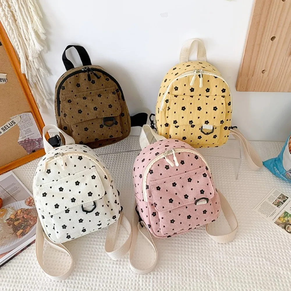 Fashion Flower Print Small Backpacks Corduroy Multiple Pocket Women Shoulder Bag Mini Lightweight Mini Backpack Ladies