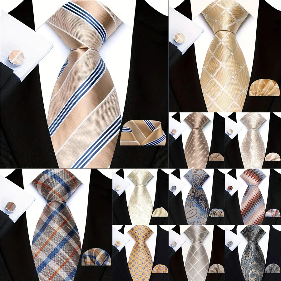 Klassische Beige Weiß Herren Krawatte Taschentuch Manschettenknöpfe Set Jacquard Solide Paisley Streifen Krawatte Für Männliche Hochzeit Business Party