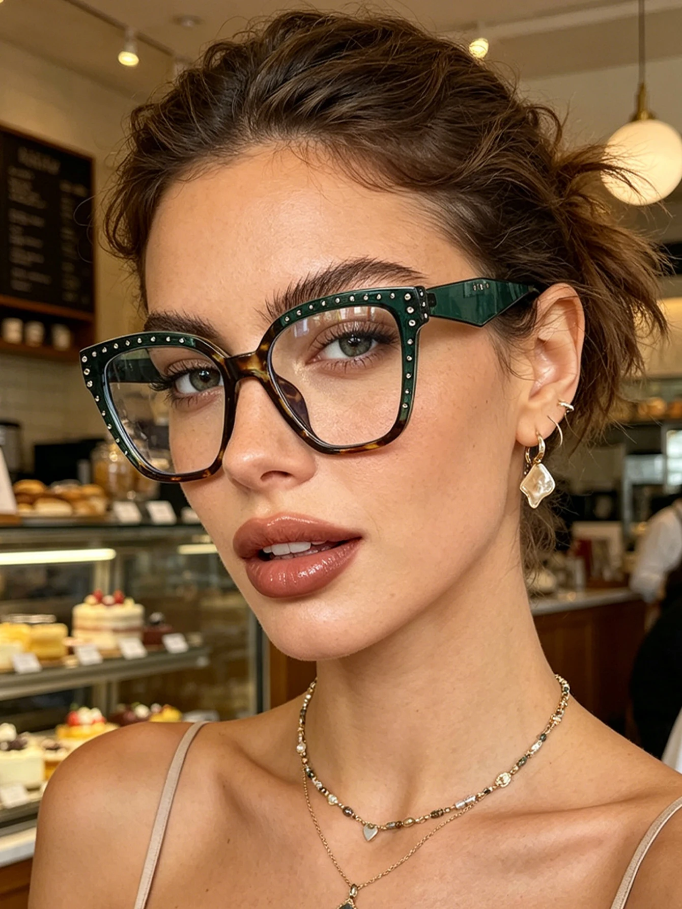 1pc ladies trendy cat glasses frame stitching rivet design fashion glasses daily commute thin glasses