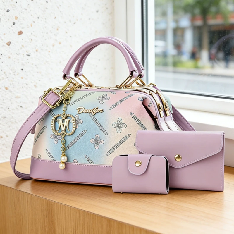 Gradient Shiny Women's Crossbody Bags, 3-Piece Boston Handbags with Rainbow Design, Adjustable Shoulder Straps