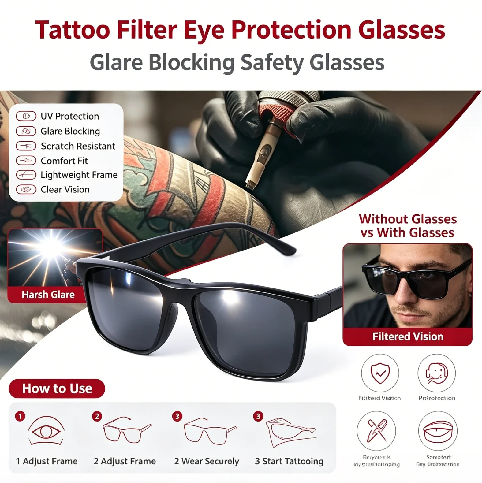 1-3pcs Tattoo Polarized Sunglasses Eye Protection Glasses Magnetic Adsorption Lens Reflective-free Glasses