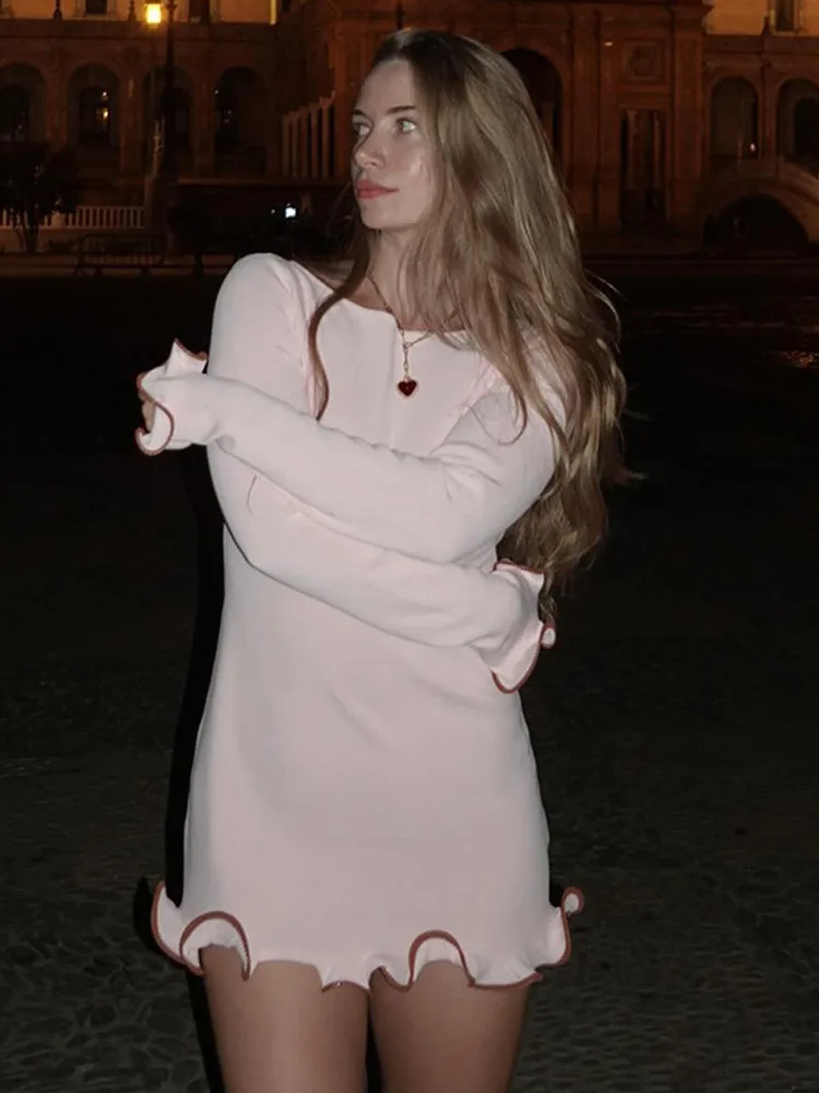 CHUJIE แขนยาว Ruffle ชุดถัก SLIM FIT Bodycon กระโปรงมินิเซ็กซี่ม้วน Hem ชุด SS25