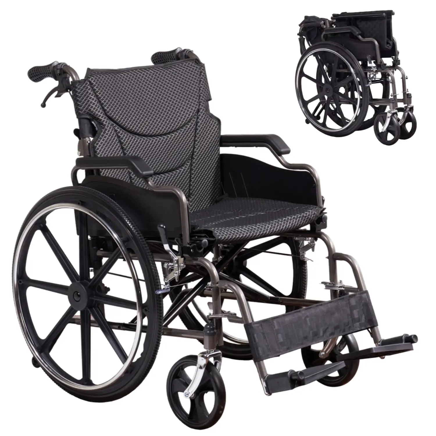 Heavy-Duty Transport Wheelchair for Adults - Dual X-Force Support, Double Brakes, 350LBS Capacity, 24
