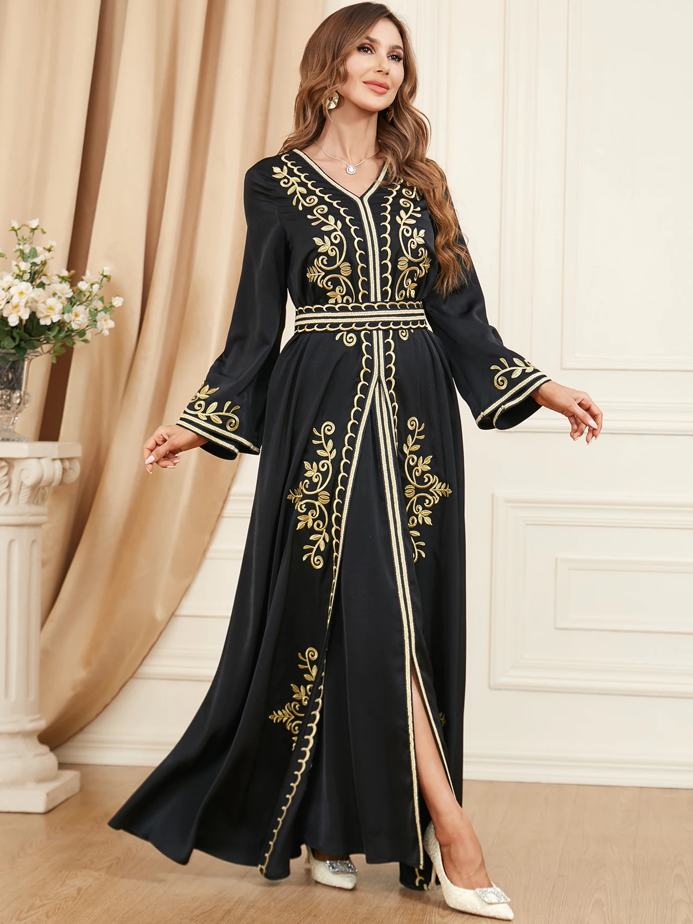 Autumn Muslim Abaya for Women Maxi Dress A-line Dresses Lace-up Morocco Kaftan Dubai Robe Party Dress 2 Piece Set Saudi Arab