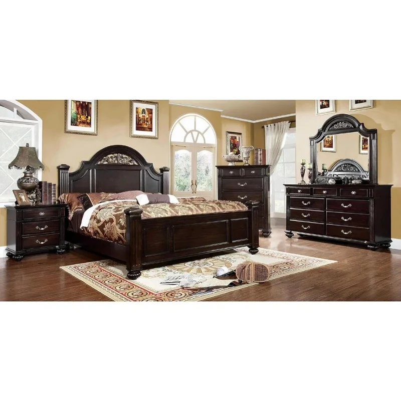 24/7 6-Pieced Wood Bedroom Set with Chest, Mirrored-Dresser and 2 Nightstands, B