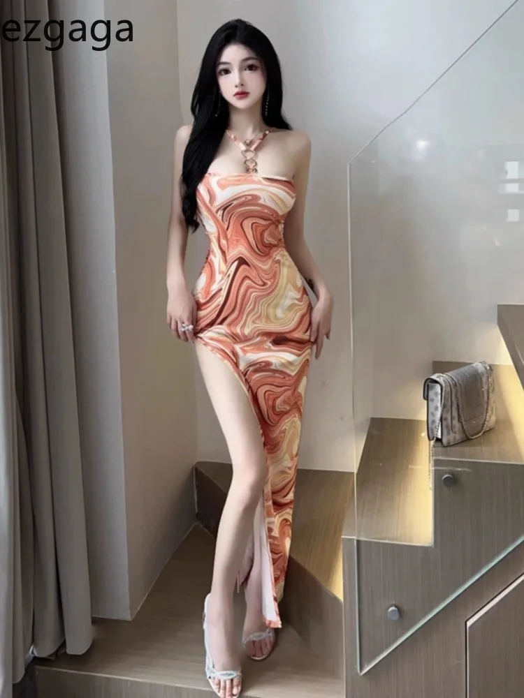 

Ezgaga Woman Dress Sexy Sleeveless Split Floral Printed Slash Neck Slim Stretch Backless Party Clubwear Female Fashion