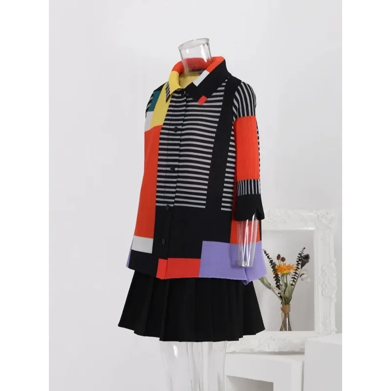 YUDX Miyake Striped Contrast Color Printed Pleated Shirt Women Lapel Single Breasted Tops Fashion 2024 New Clothing 2024