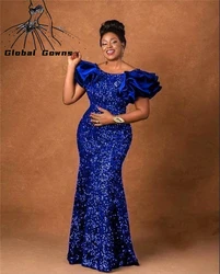 Royal Blue O Neck Evening Dress For Black Girls 2024 Sparkly Sequined Birthday Party Dresses Ruffles Aso Ebi African Customized