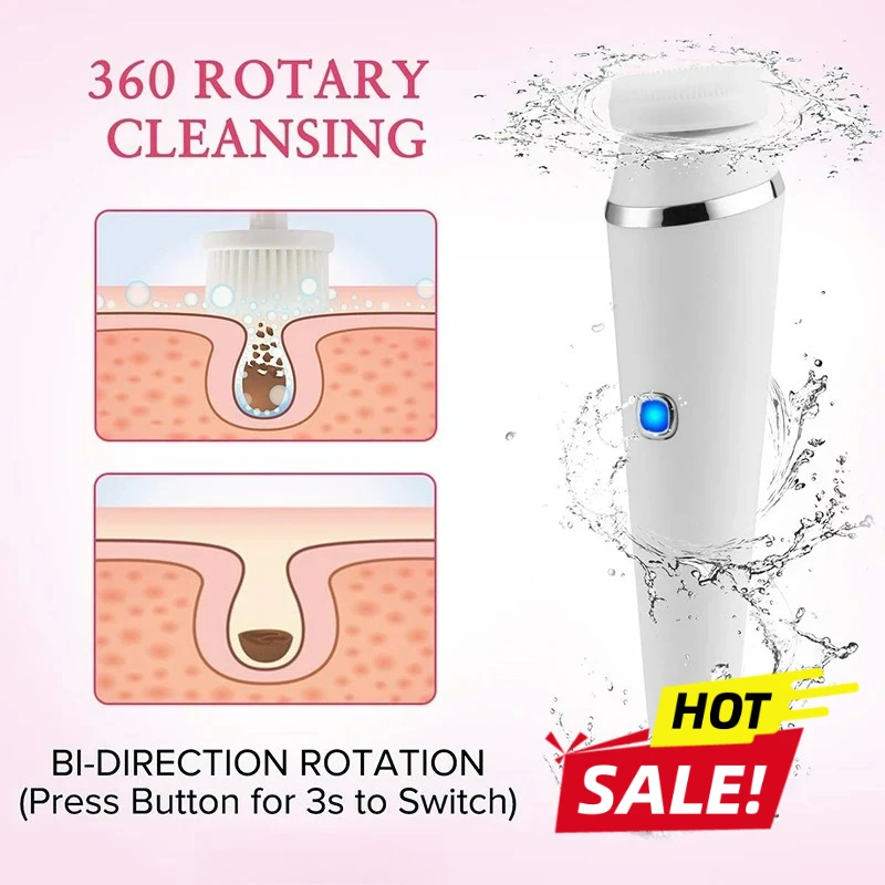Escova elétrica de limpeza facial 4 em 1, recarregável, à prova d'água, esfoliante sônico, purificador facial, máquina de cuidados com a pele