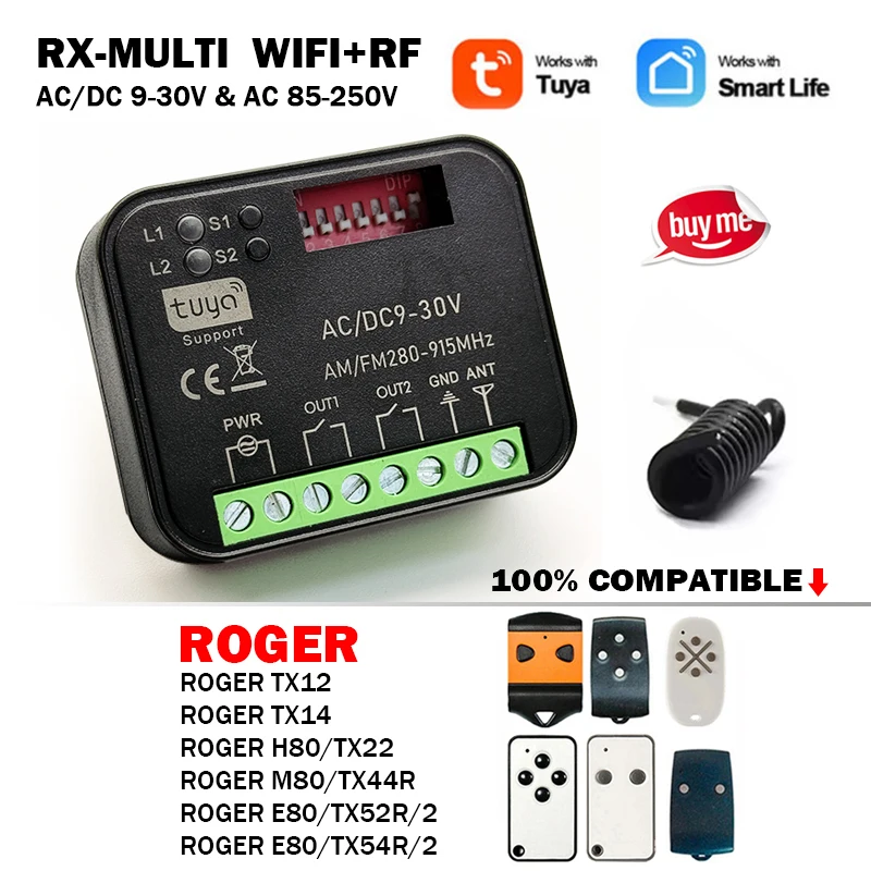 RX MULTI Tuya 300 to 868 MHz WIFI Receiver For ROGER E80 TX52R TX54R M80 TX44R H80 TX22 TX12 TX14 433.92MHz Gate Remote Control