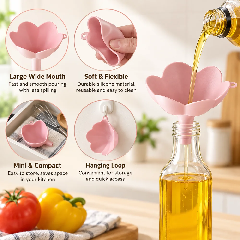 Silicone Kitchen Liquid Funnel Wide Mouth Flower Shaped Oil Funnel Liquid Refilling Oil Refilling Kitchen Tool Kitchen Use