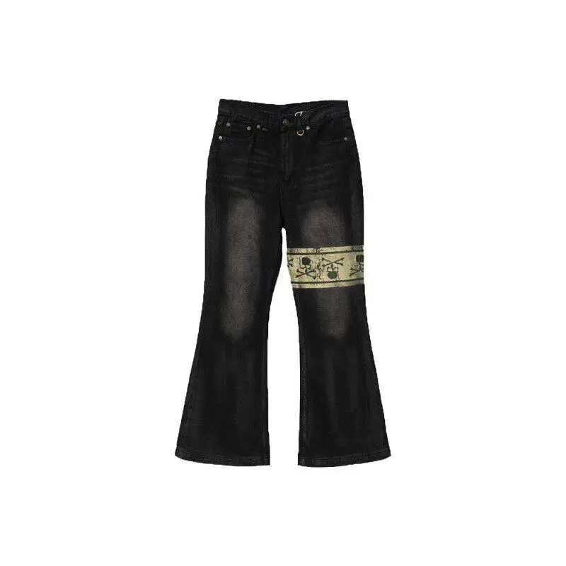 

Washed Black Skull Jeans Loose Straight Leg Jeans mid Waist Drawstring Casual Non-Shrinkable Retro Style Jeans for Men